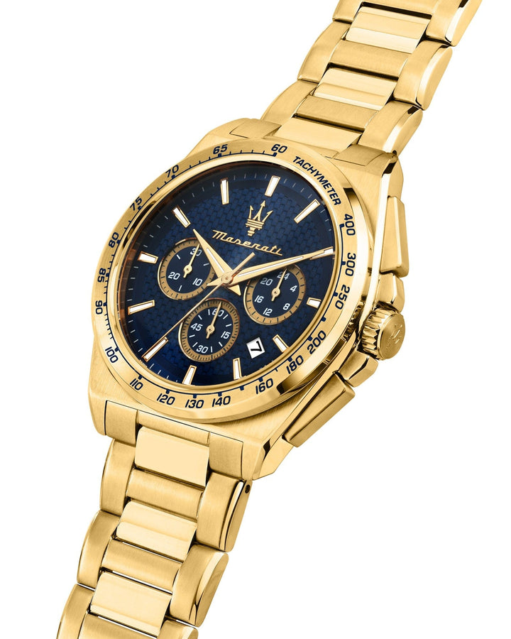 Watch Maserati Velocita 43mm Chrono Blue Dial Gold Stainless Steel Strap Watch Brand