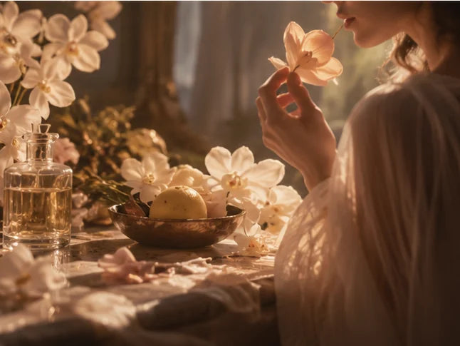 La Belle and Divine fragrance mood: elegant floral atelier, soft blush blossoms and warm sunlight, editorial illustration