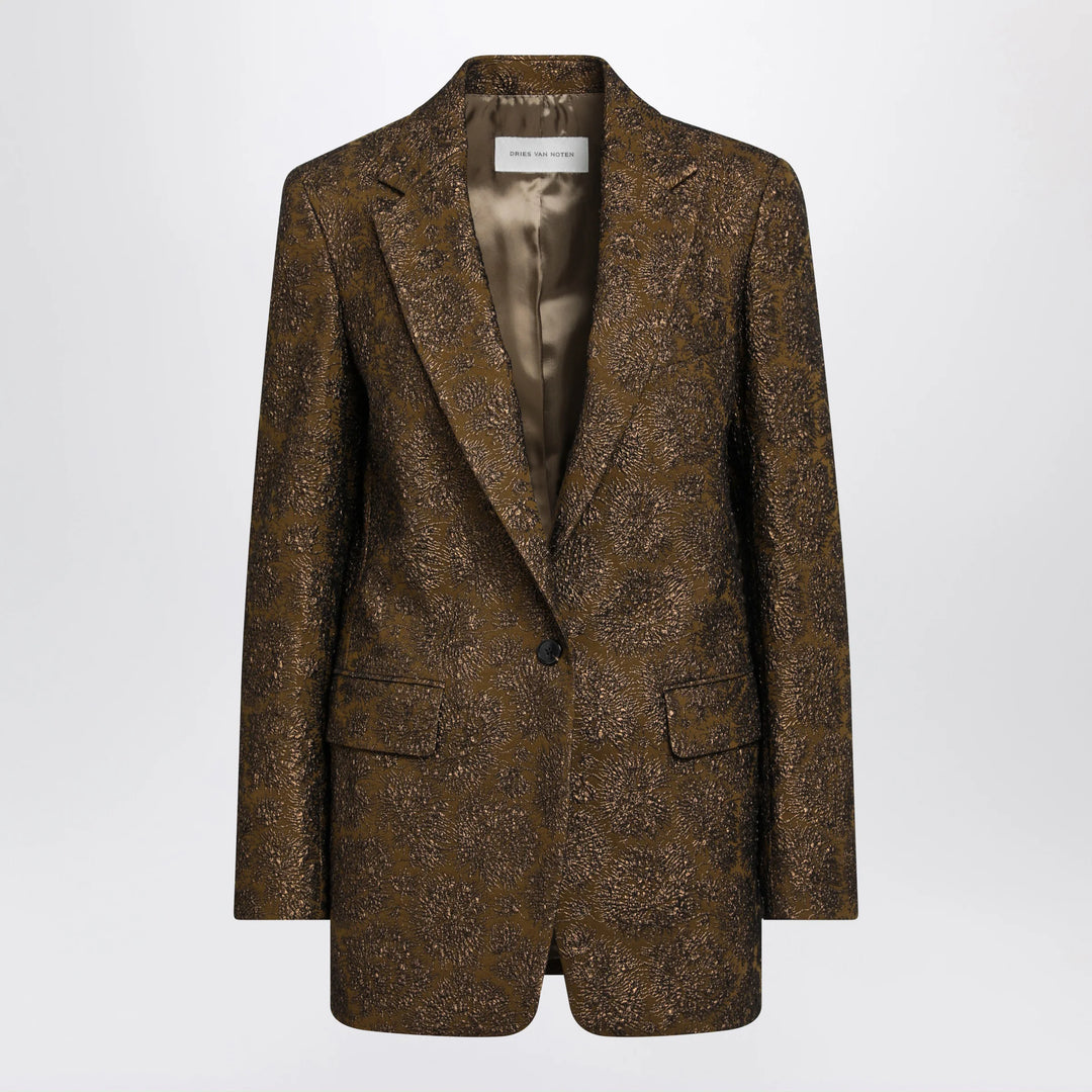 Dries Van Noten - Khaki single-breasted jacket with floral jacquard pattern
