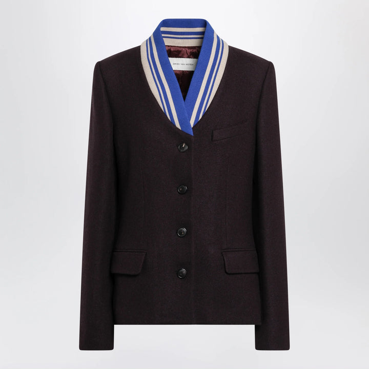 Dries Van Noten - Aubergine jacket with striped shawl collar