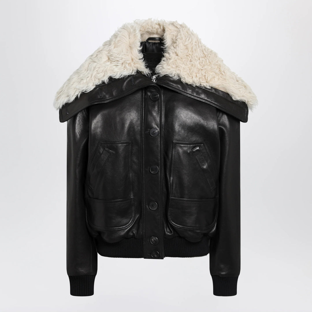 The Attico - Black leather bomber jacket with shearling collar