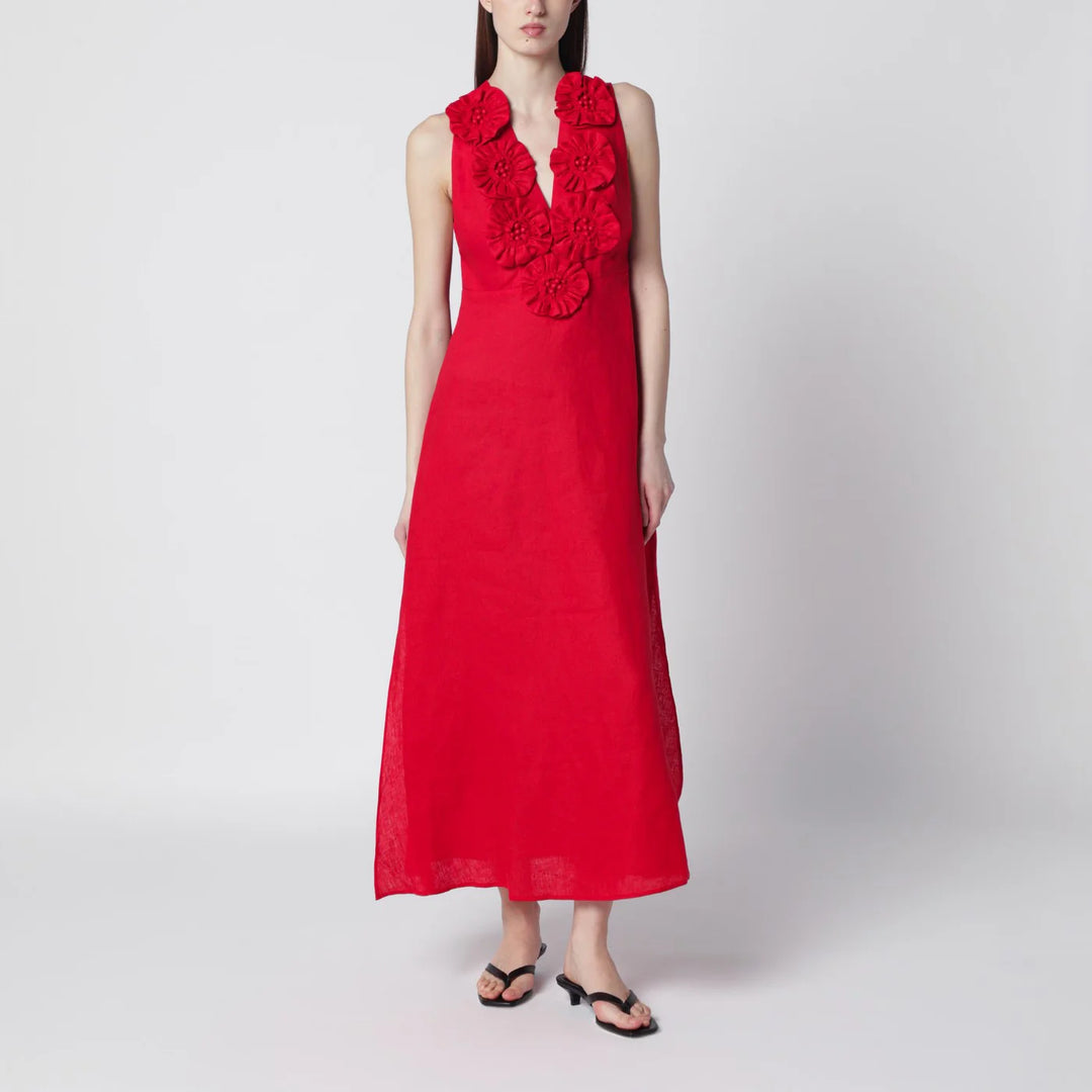 FARM Rio - Red linen dress with floral appliqués
