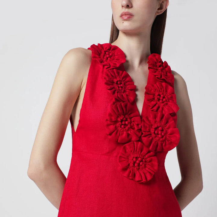 FARM Rio - Red linen dress with floral appliqués