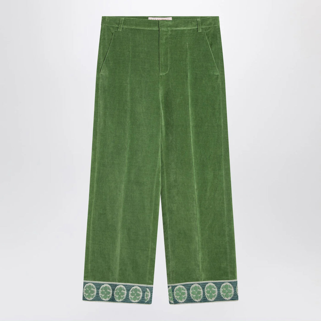 Valentino - Green velvet trousers with jacquard hem