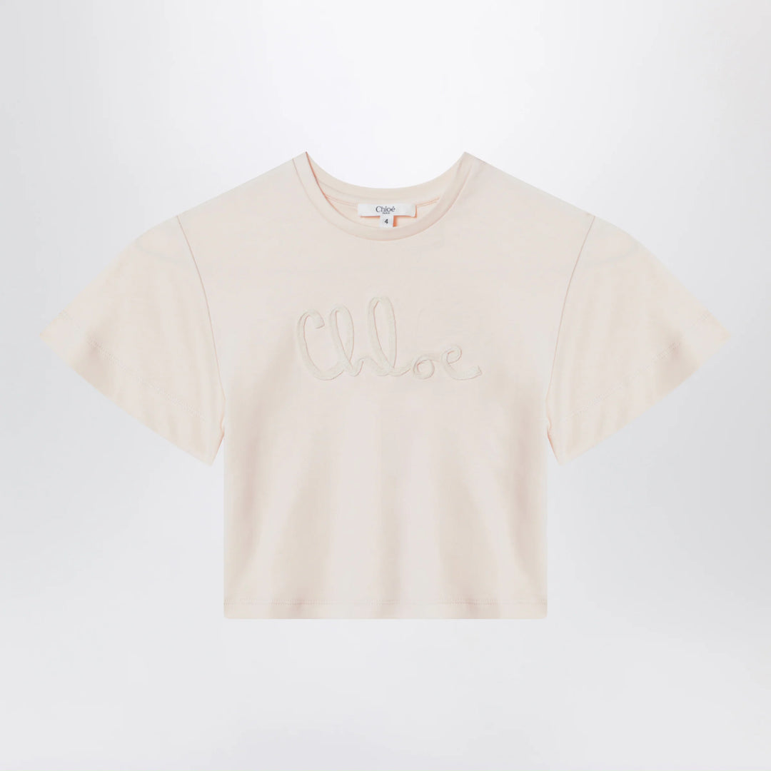 Chloé - Light pink cropped T-shirt with logo embroidery