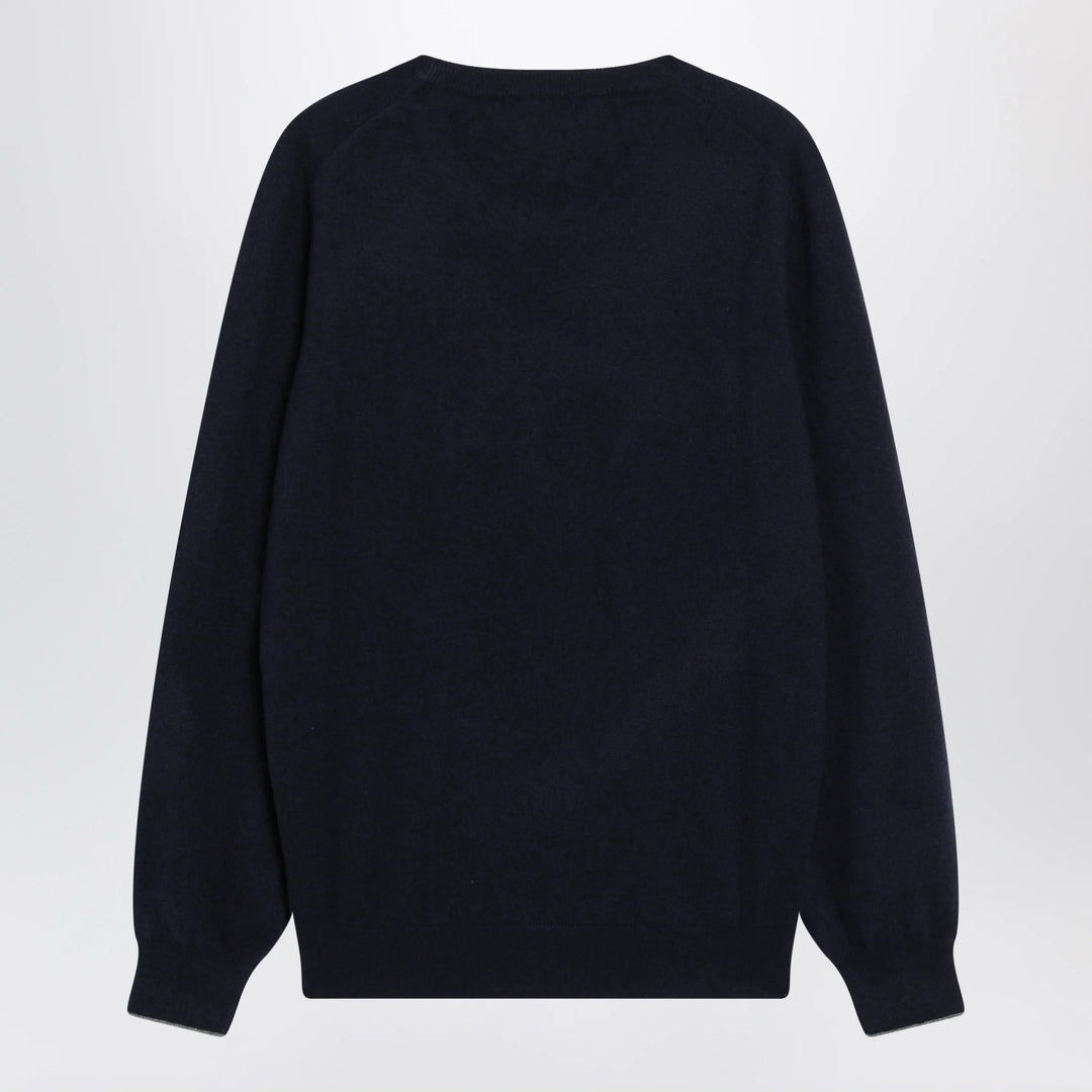 Brunello Cucinelli - Navy blue cashmere crewneck sweater with contrast trim