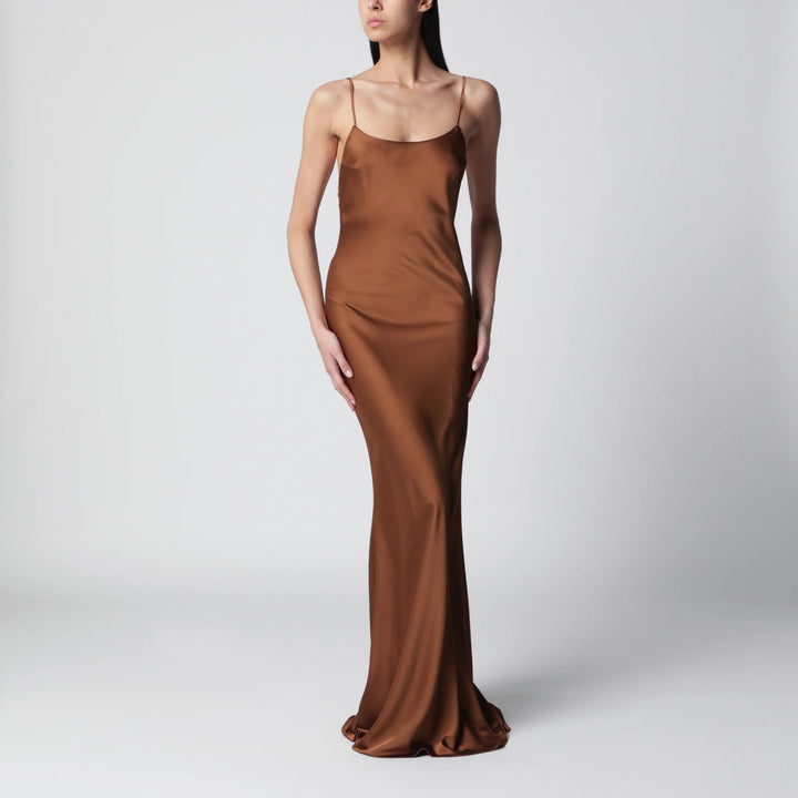 THE ANDAMANE - Ninfea maxi sleeveless dress with ruffles in bronze polyester