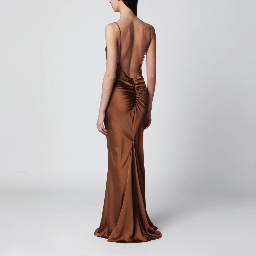 THE ANDAMANE - Ninfea maxi sleeveless dress with ruffles in bronze polyester