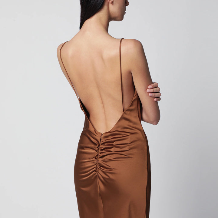 THE ANDAMANE - Ninfea maxi sleeveless dress with ruffles in bronze polyester
