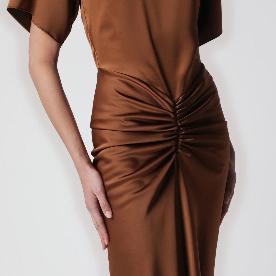 THE ANDAMANE - Long Iris dress in bronze with gathered waist Brand Apparel &amp; Accessories