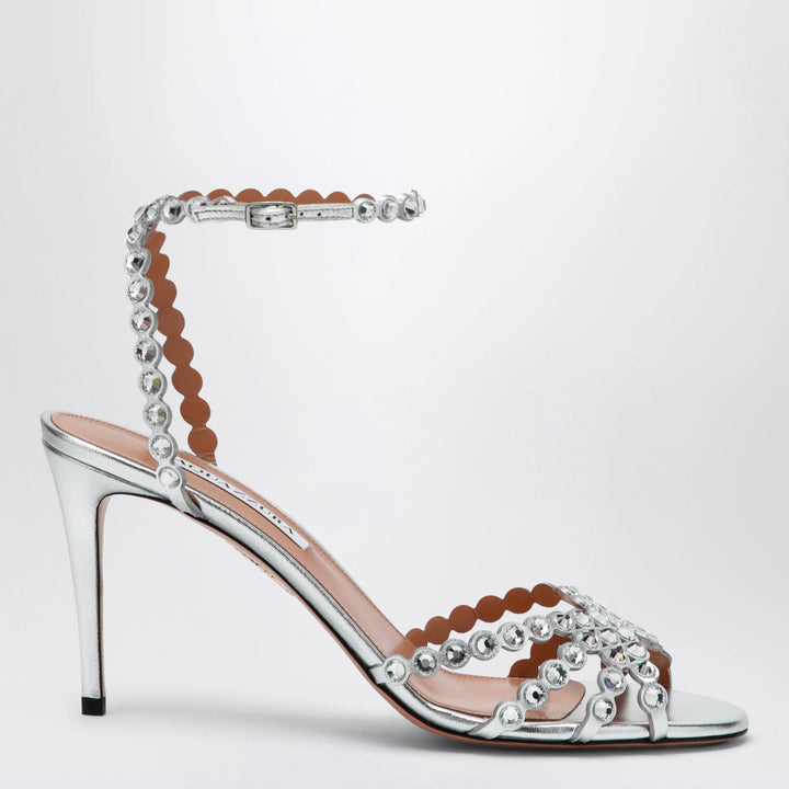 Aquazzura - Tequila silver sandals in metallic leather with crystals