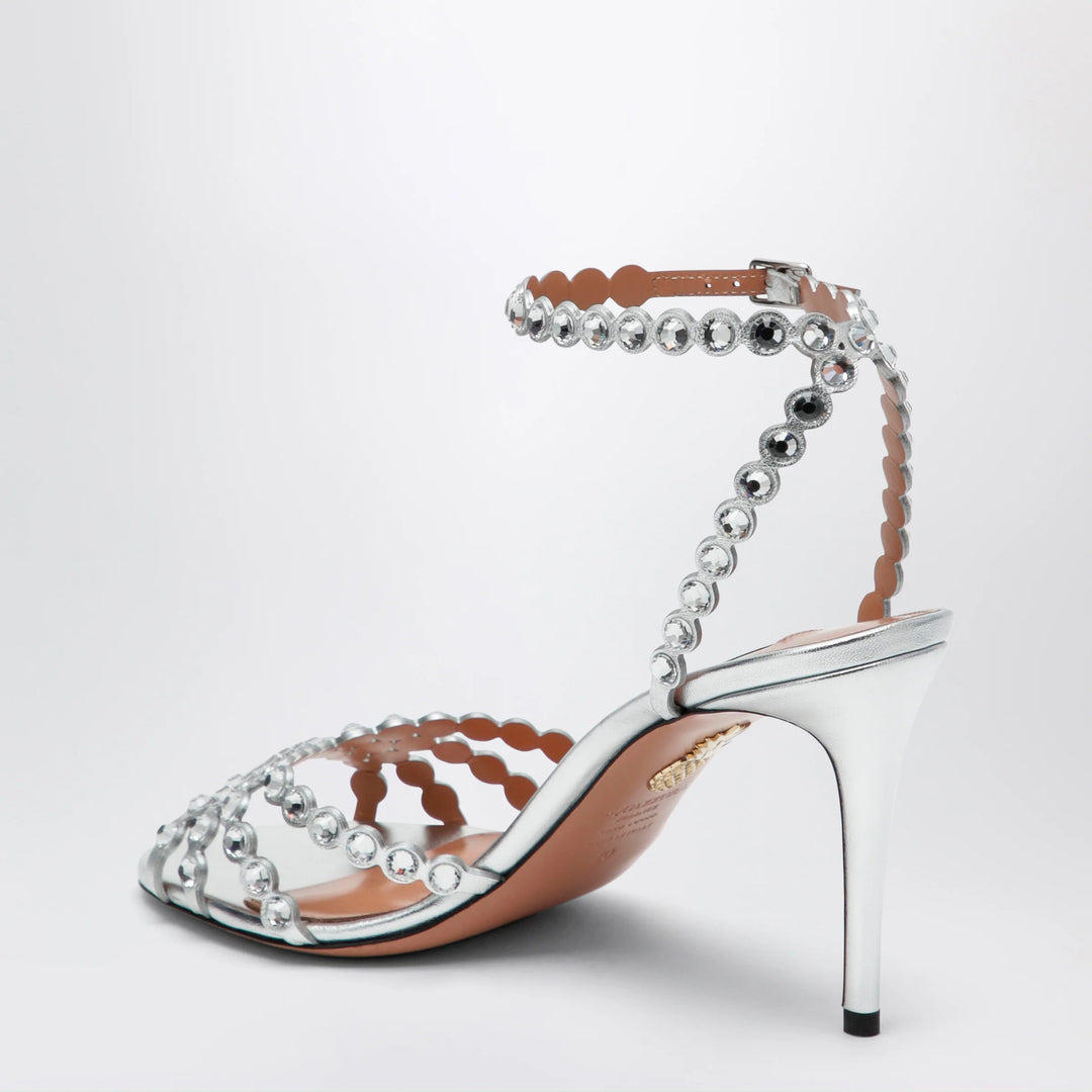 Aquazzura - Tequila silver sandals in metallic leather with crystals