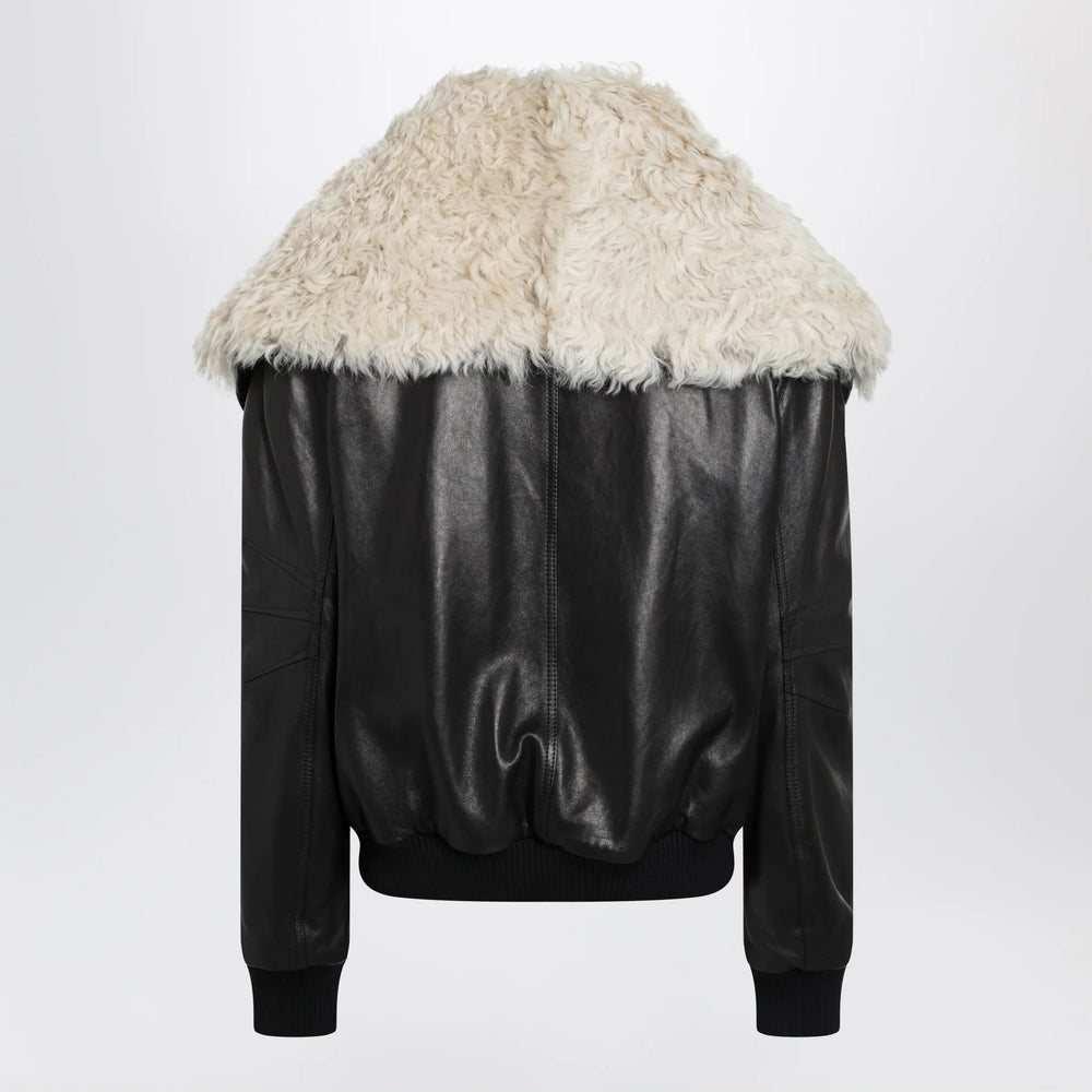 The Attico - Black leather bomber jacket with shearling collar Brand Apparel & Accessories > Clothing > Outerwear > Coats & Jackets 38  IT