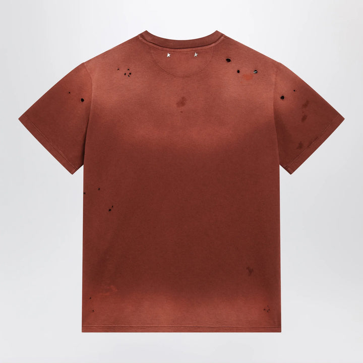 Golden Goose - Rust-colored cotton T-shirt with floral print Brand Apparel &amp; Accessories > Clothing > Shirts &amp; Tops XS