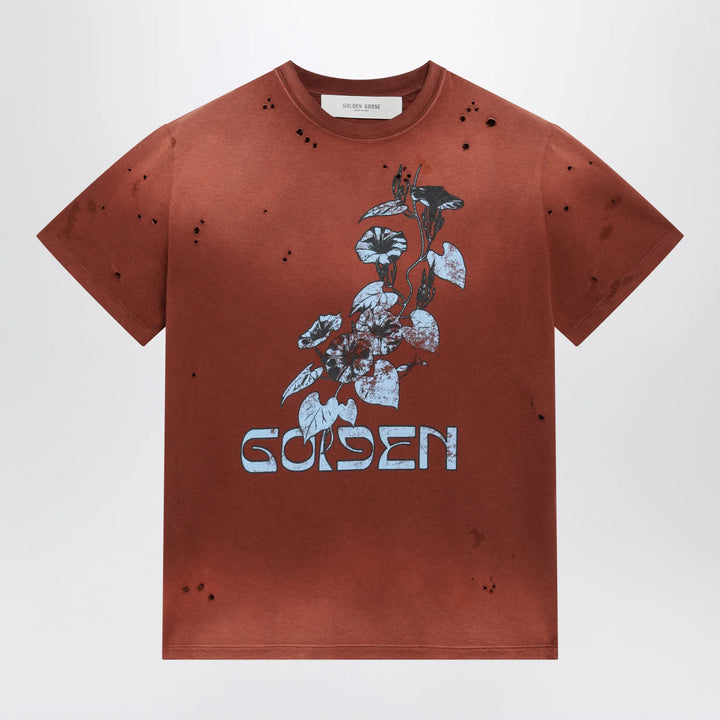 Golden Goose - Rust-colored cotton T-shirt with floral print Brand Apparel &amp; Accessories > Clothing > Shirts &amp; Tops XS