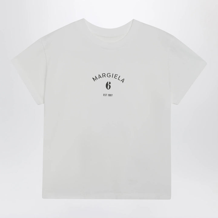 MM6 Maison Margiela - Off-white cotton jersey T-shirt with numeric embroidery Brand Apparel &amp; Accessories > Clothing > Shirts &amp; Tops