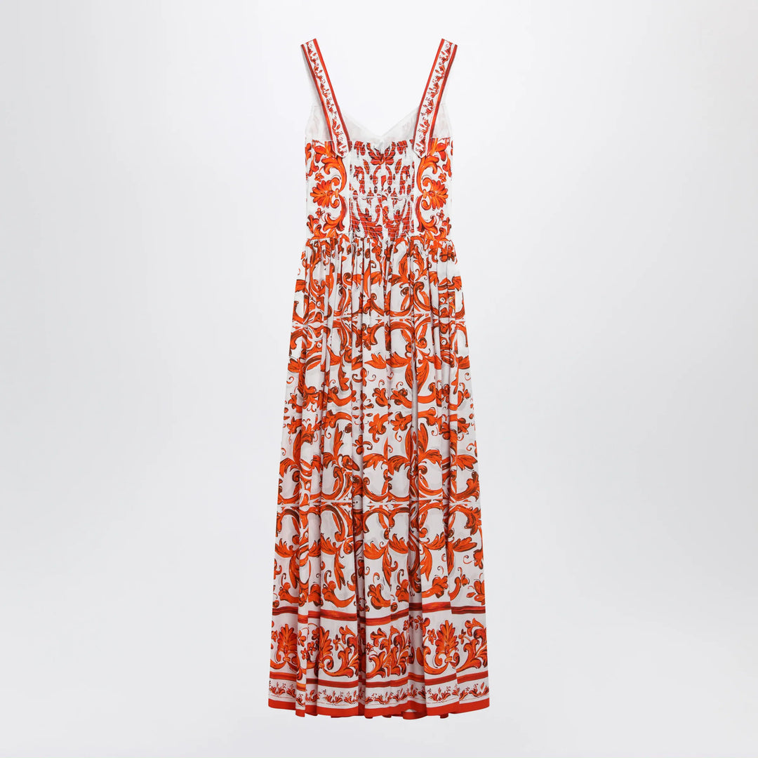 Dolce&amp;Gabbana - Maiolica-print poplin maxi dress in orange cotton Brand Apparel &amp; Accessories