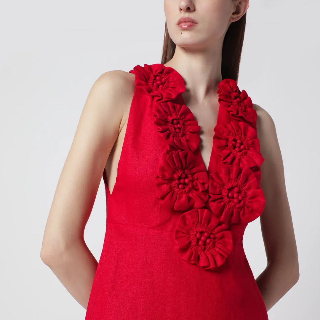 FARM Rio - Red linen dress with floral appliqués Brand Apparel &amp; Accessories