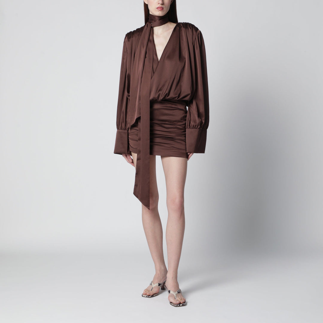 Apparel &amp; Accessories ROTATE Birger Christensen - Short chiffon dress with deep V-neck and bow, brown Brand