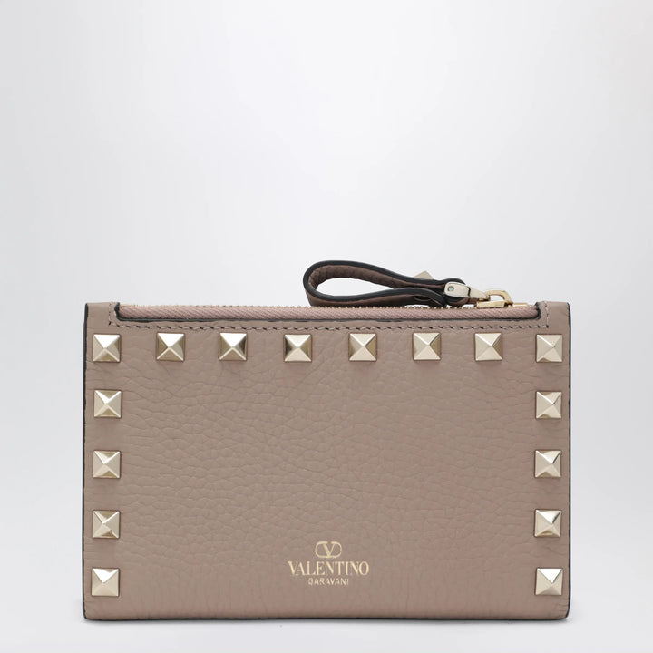 Valentino Garavani - Powder Pink Leather Rockstud Zip Card Holder Brand Apparel &amp; Accessories U