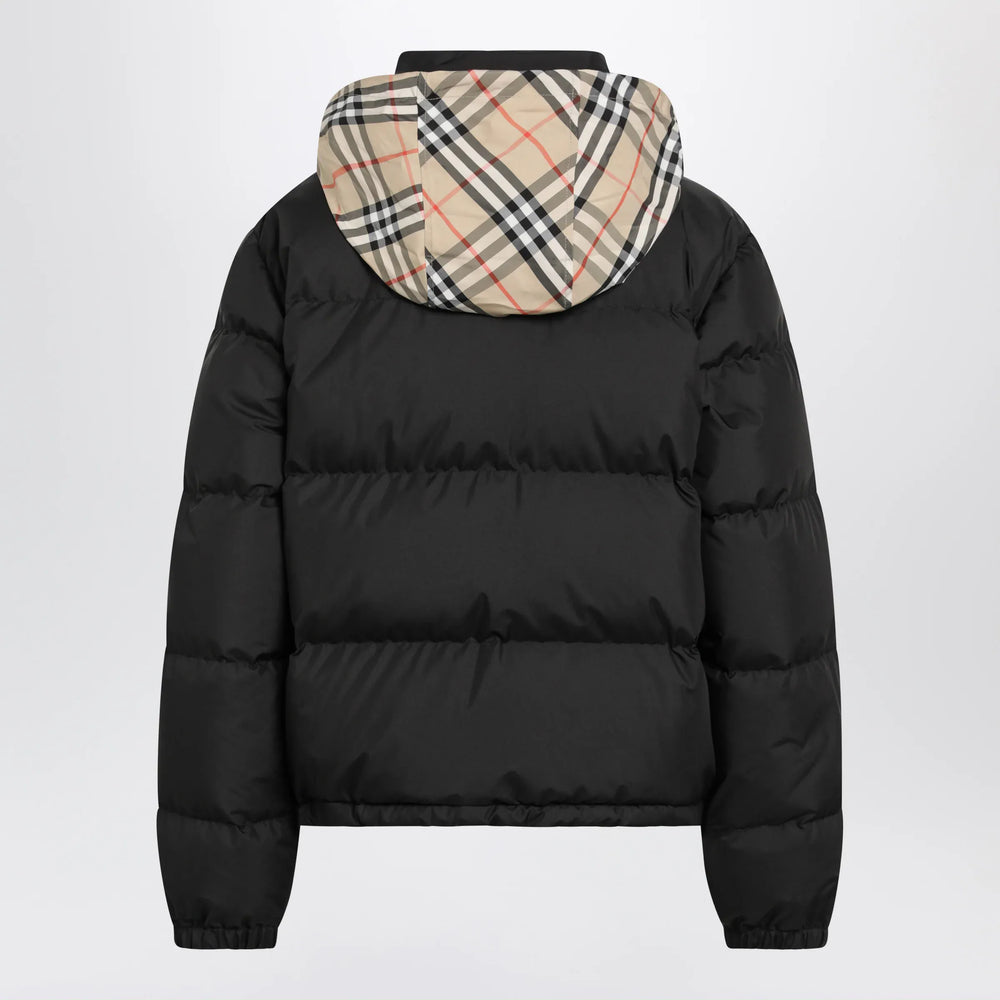 Burberry - Black Zip-Up Down Jacket with Check Detail Brand