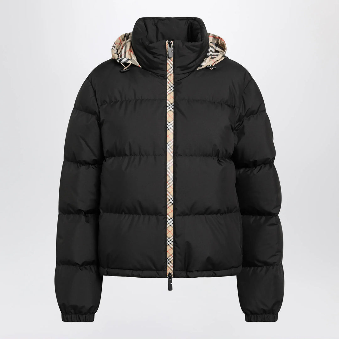 Burberry - Black Zip-Up Down Jacket with Check Detail Brand S