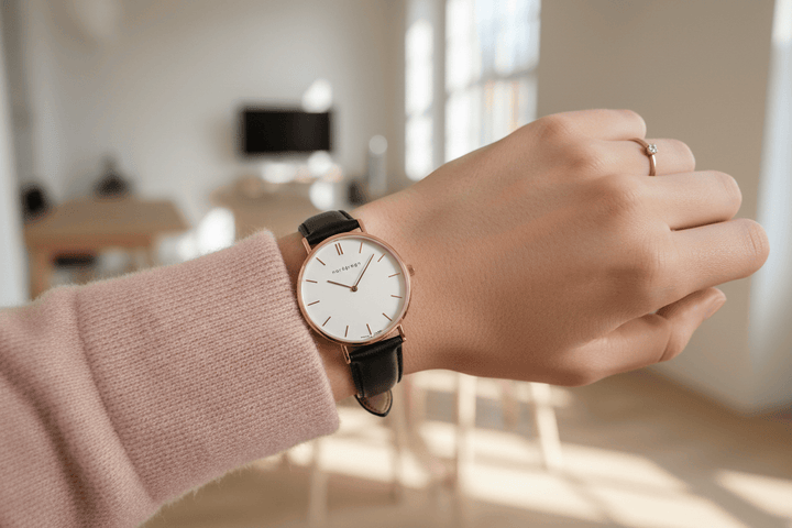 Nordgreen Native 32mm Rose Gold Case Black Leather Strap Watch Brand Chronograph Watches