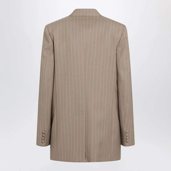 Valentino - Double-Breasted Pinstripe Jacket in Mud/Ivory Virgin Wool Brand Coats &amp; Jackets