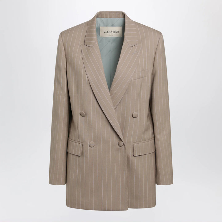 Valentino - Double-Breasted Pinstripe Jacket in Mud/Ivory Virgin Wool Brand Coats &amp; Jackets 38  IT