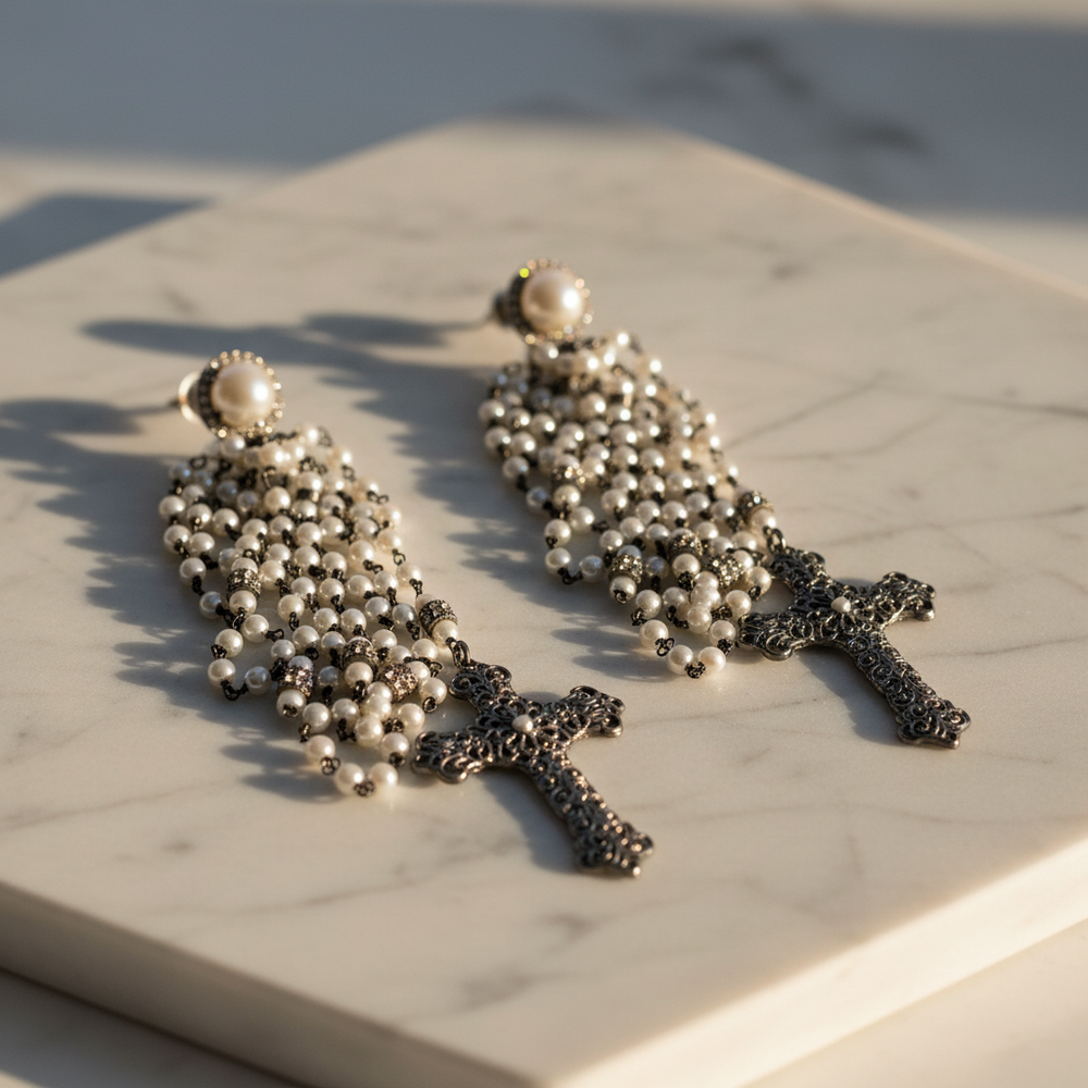 Giora' Eternity Fashion Cross Earrings with Pearls and Swarovski Crystals Elements Brand Earrings