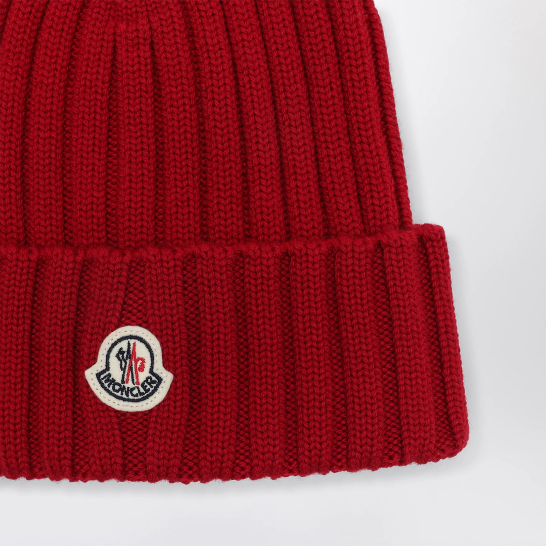 Moncler - Cable-knit wool beanie with logo in burgundy Brand Hats U