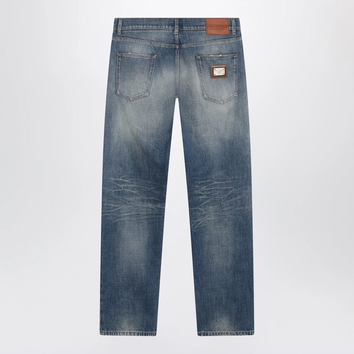 Dolce&amp;Gabbana - Blue Washed-Effect Jeans with Logo Plaque Brand Pants