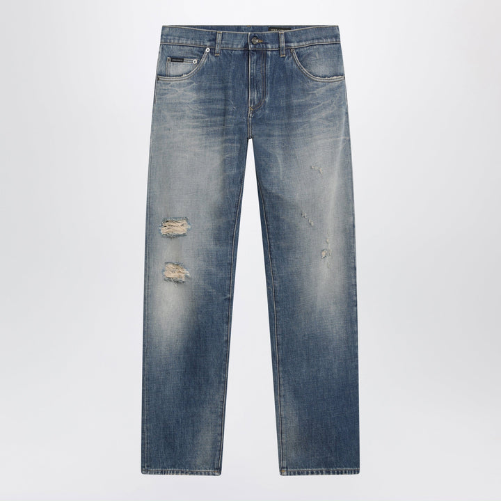 Dolce&amp;Gabbana - Blue Washed-Effect Jeans with Logo Plaque Brand Pants 46 IT
