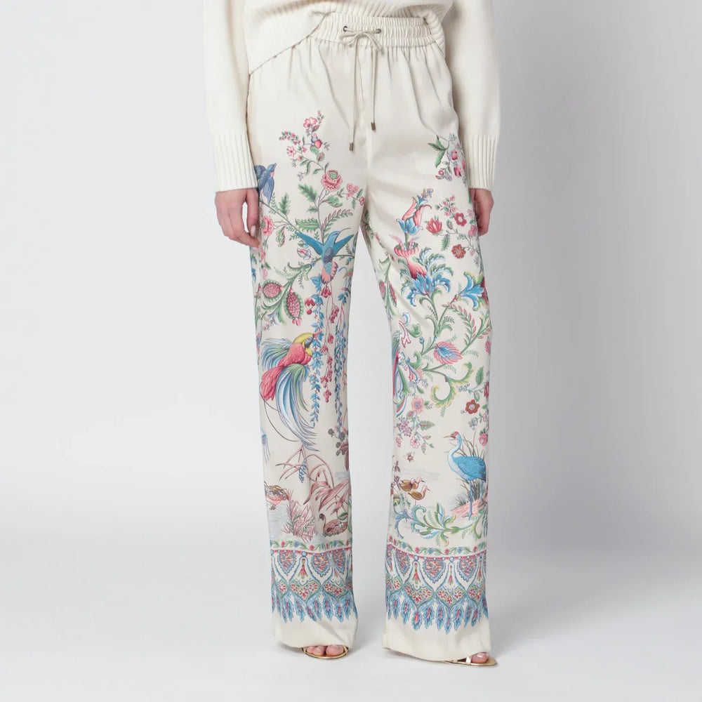 ETRO - White wide-leg trousers with floral print Brand Pants 40  IT