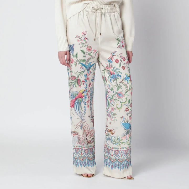 ETRO - White wide-leg trousers with floral print Brand Pants 40  IT