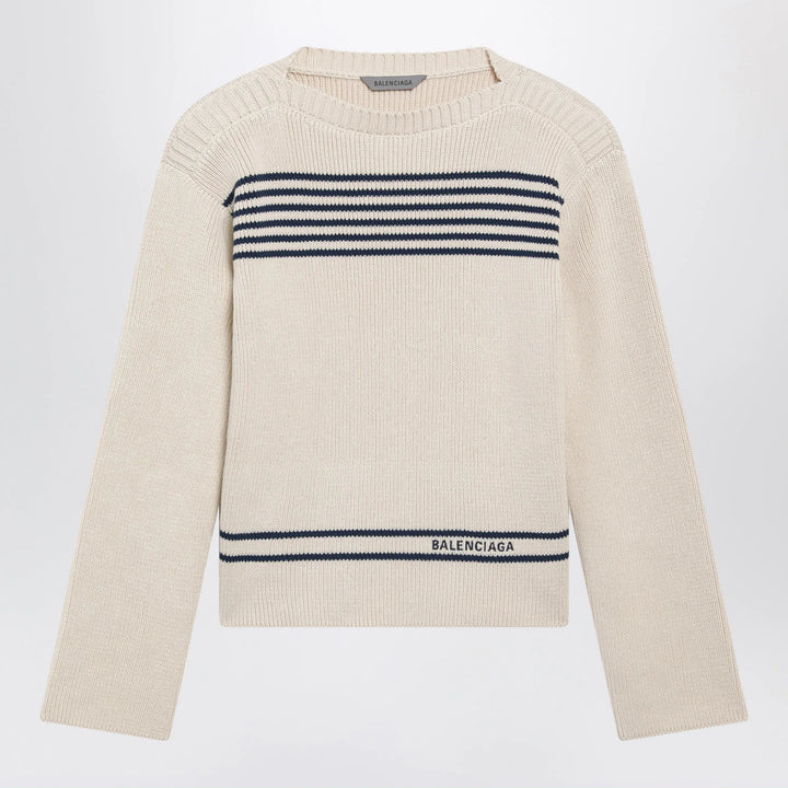 Balenciaga - Boat-neck ribbed cotton sweater in navy/white Brand Shirts &amp; Tops XS