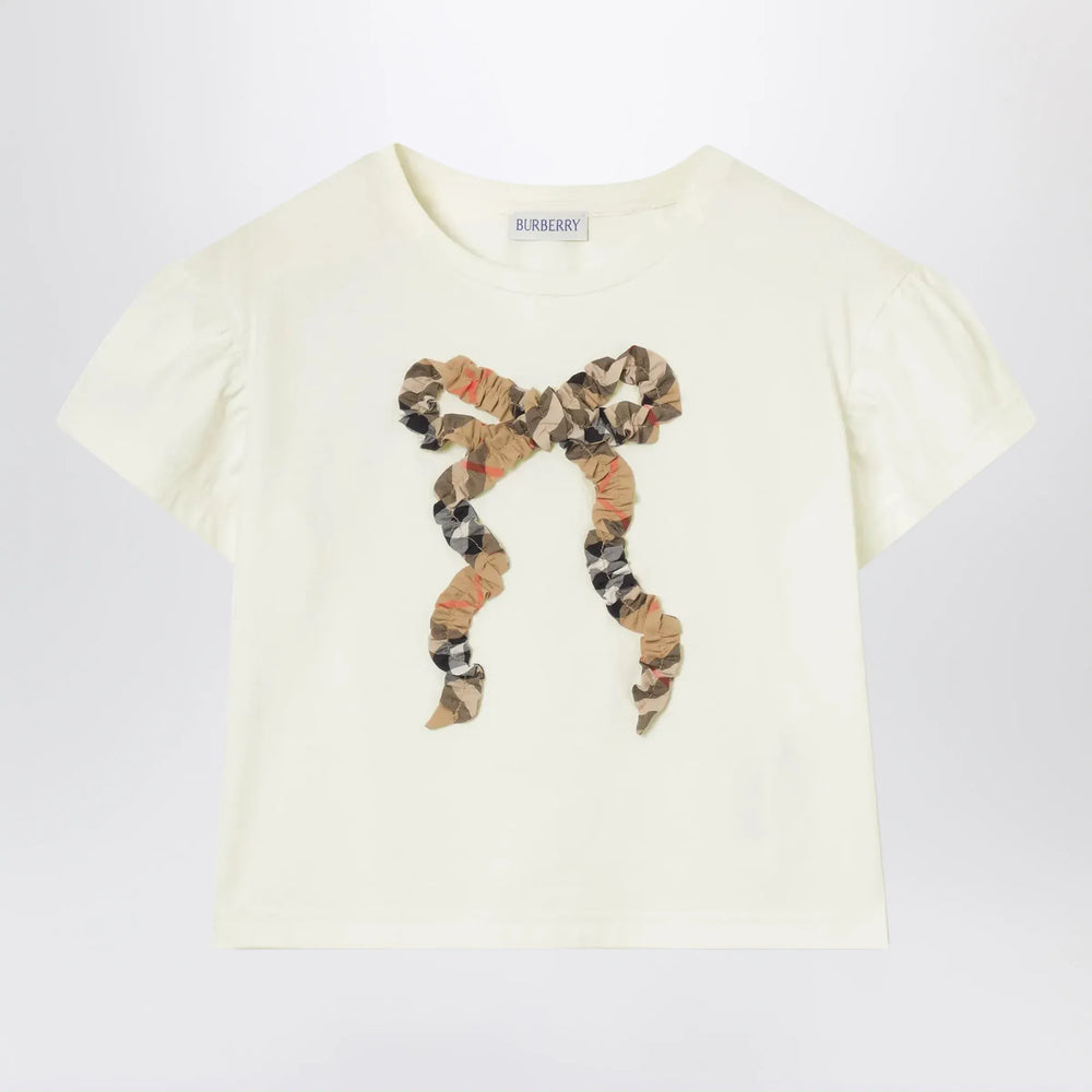 Burberry - Chalk white T-shirt with bow with Checked pattern Brand Shirts & Tops 4Y