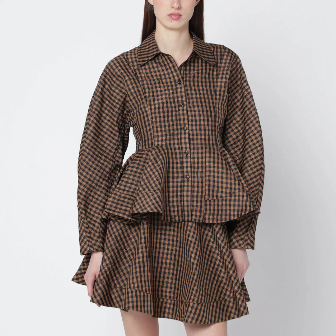 GANNI - Brown/black gingham peplum shirt Brand Shirts &amp; Tops