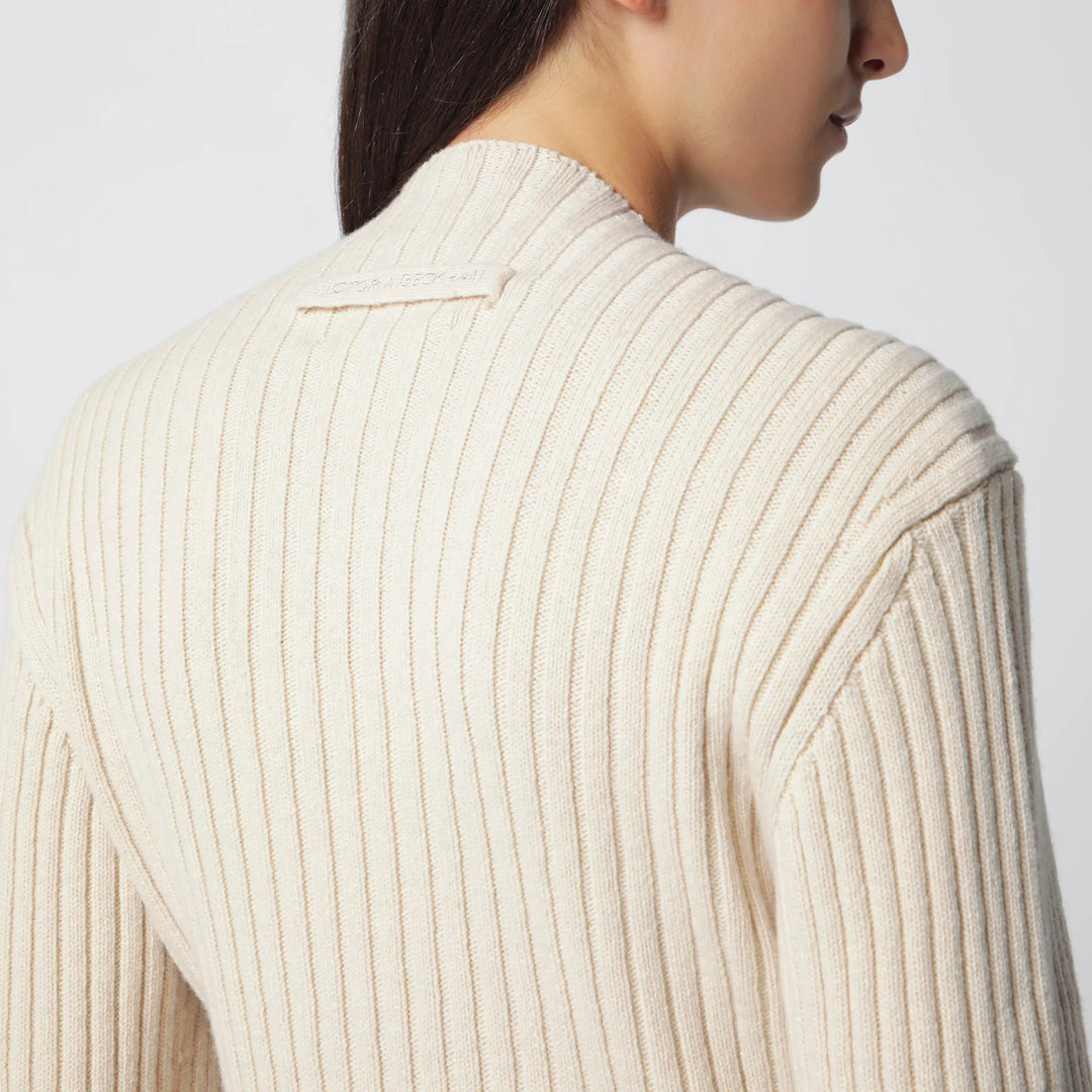 Victoria Beckham - Ribbed Sweater in Beige Wool and Cashmere Brand Shirts &amp; Tops M