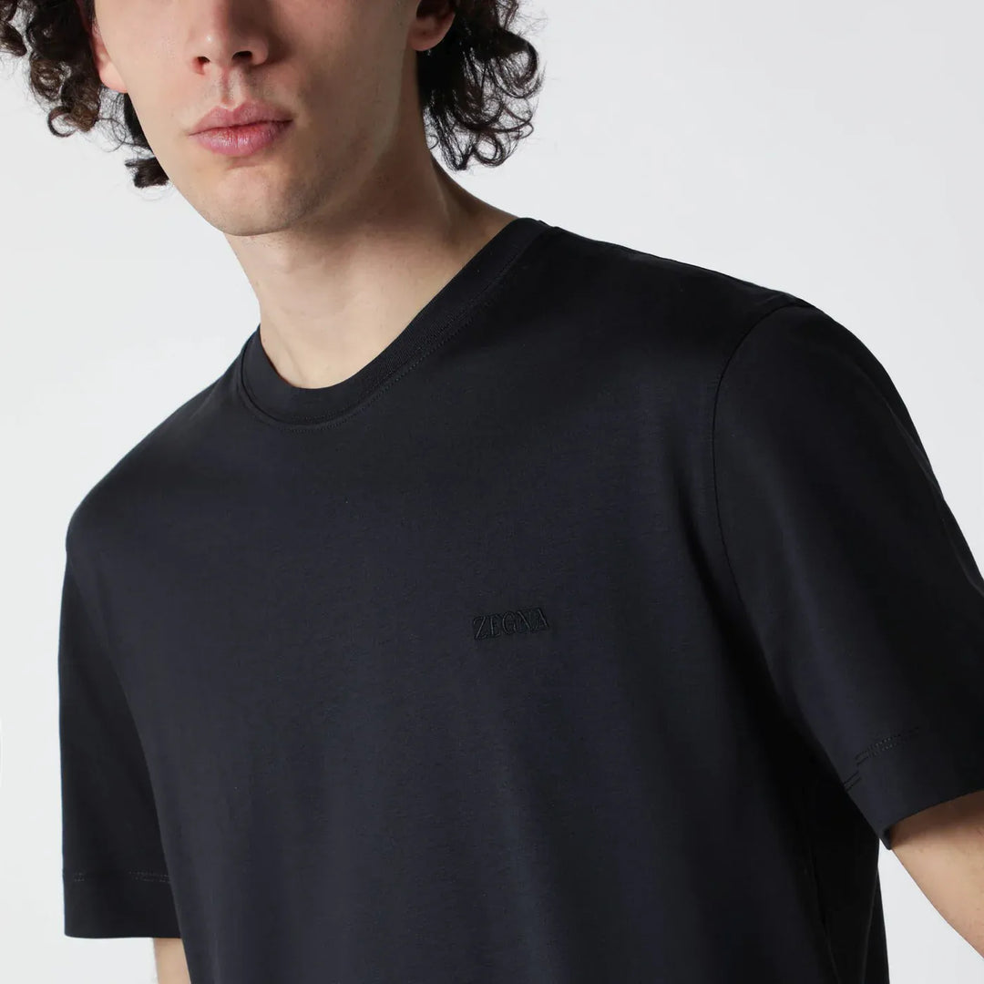 ZEGNA - Navy blue T-shirt with embroidered logo Brand Shirts &amp; Tops