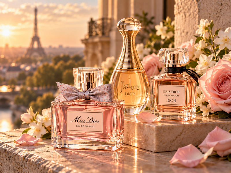 Dior inspired fragrance still-life with floral accents