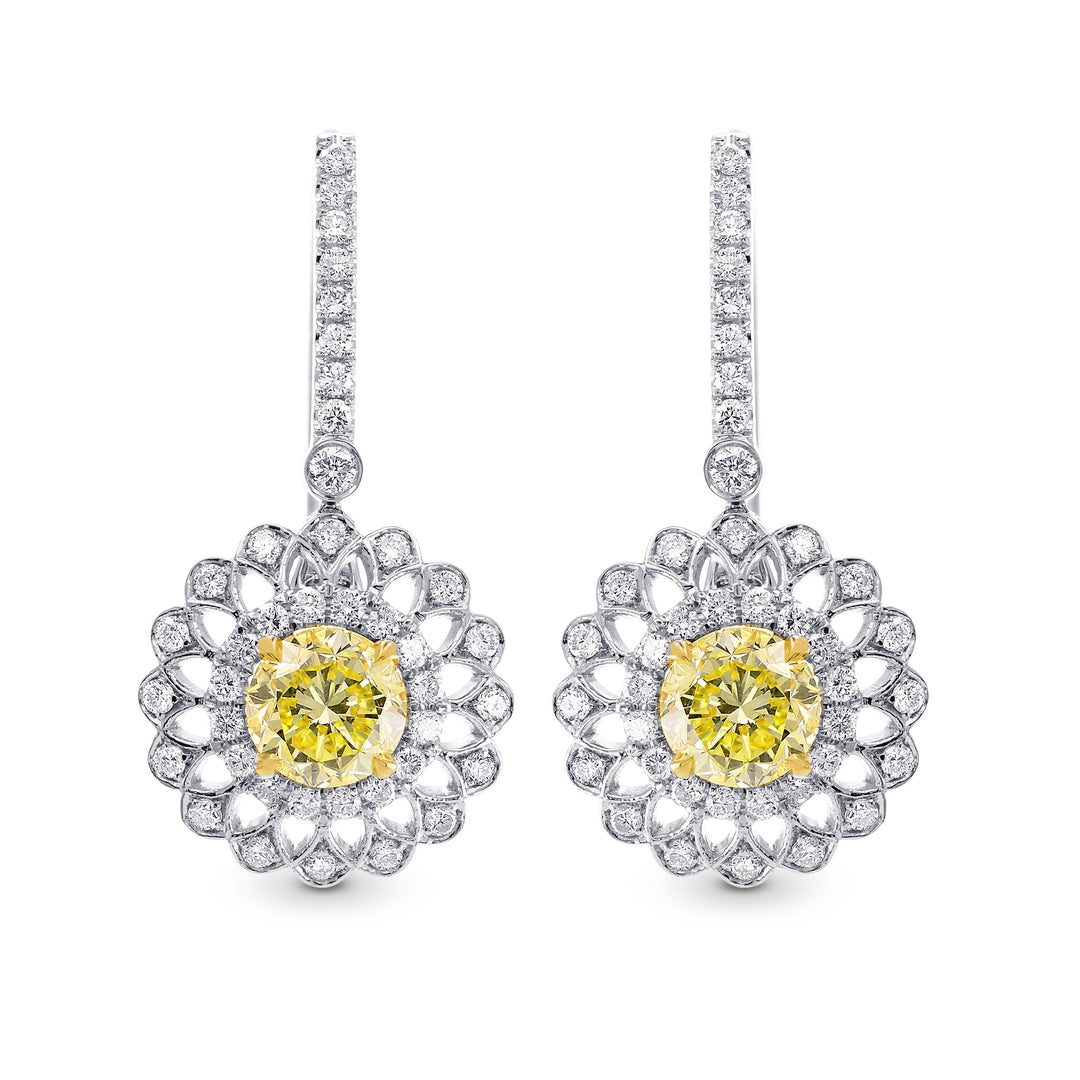 Leibish Fancy Yellow Round Brillant Halo Earrings