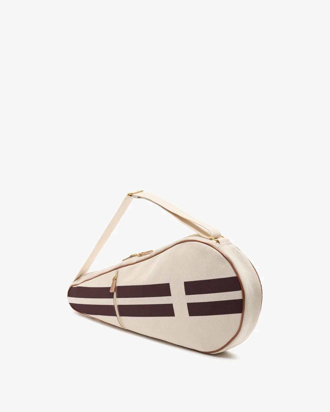 A cream-colored tennis racket case with dark brown stripes and a white cross design, featuring a matching shoulder strap and gold-tone hardware, set against a plain white background.